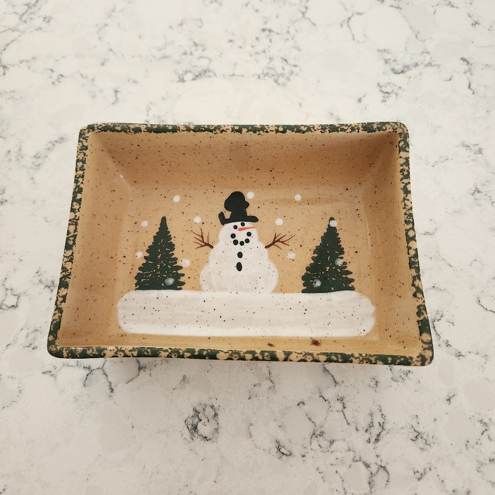 Vintage Three Rivers Pottery Ohio Snowman Rectangle Trinket Dish 1998 Mayra 07